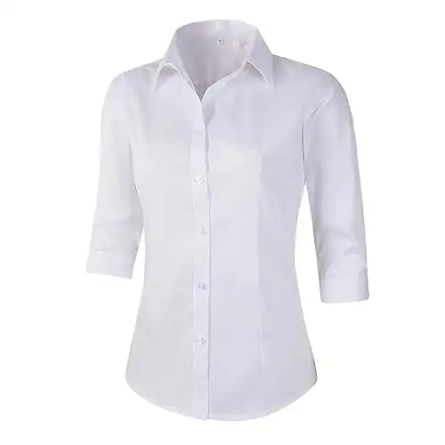 Beninos Women's 3/4 Sleeve Formal Work Wear White Button Down Shirt