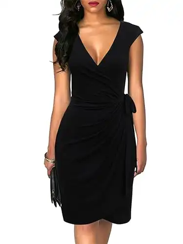 BERYDRESS Women Classy Cap Sleeve V Neck Draped Belt Knee-Length Faux Wrap Dress