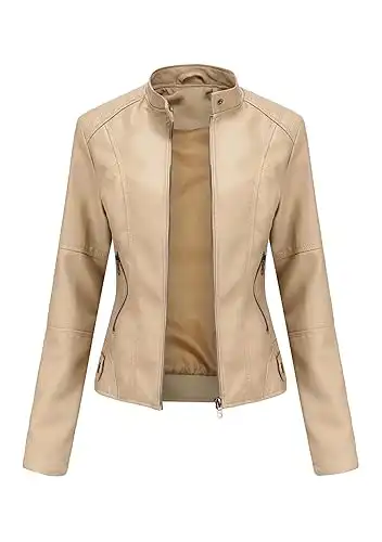 TYQQU Women's Autumn Long Sleeve Solid Color Jacket PU Material Slim Fit Jacket Classic Fashion Jacket