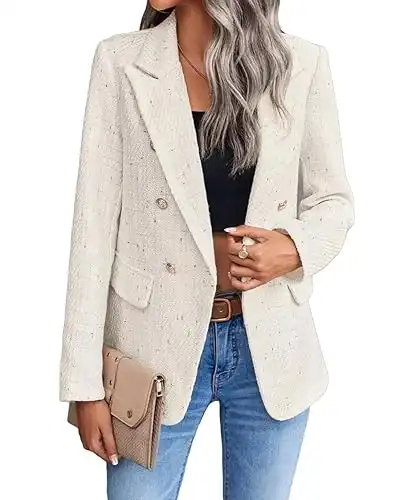 Mina Self 2024 Fall Tweed Blazer Jacket for Women Fashion Casual Open Front Business Elegant Work Suit Top Pocket