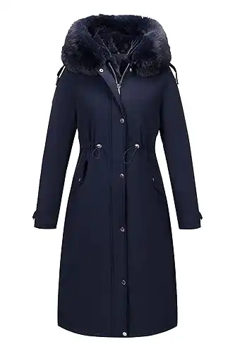 RISISSIDA Women Puffer Coat/Parka with Long Fur Collar Hooded Winter Fashion, Cold-resistant Thicken Warm Fur-lined Belted