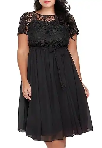 Nemidor Women's Scooped Neckline Floral lace Top Plus Size Cocktail Party Midi Dress