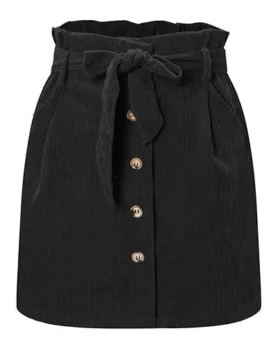 ebossy Women's Paperbag High Waist Button Front Corduroy Mini Skirt with Belt