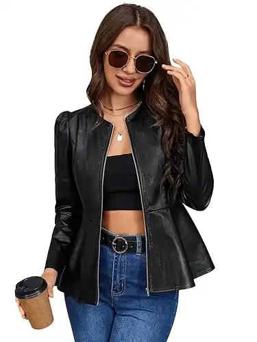 MakeMeChic Women's Faux Leather Jacket Long Puff Sleeve Zip Up PU Peplum Jacket Coat