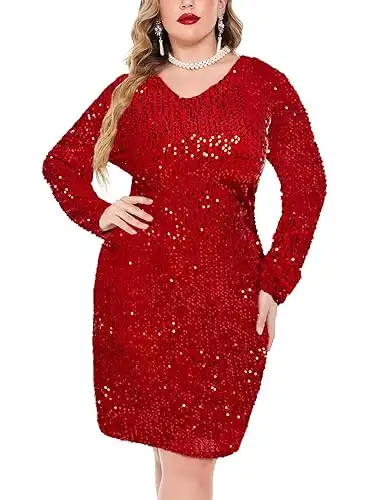 IN'VOLAND Womens Sequin Dress Plus Size V Neck Party Cocktail Sparkle Glitter Evening Stretchy Mini Bodycon Dresses