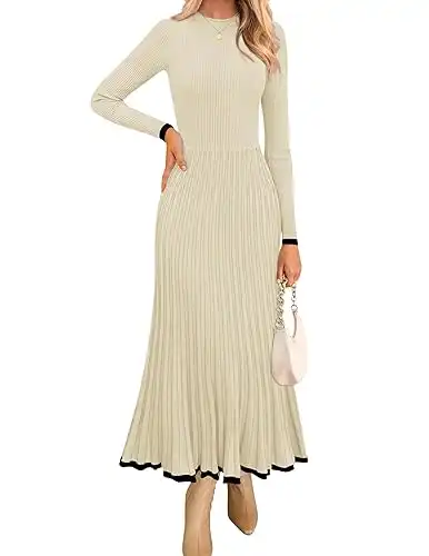 ZESICA Women's Long Sleeve Sweater Dress 2024 Fall Crewneck Ribbed Knit Pleated A-Line Maxi Wedding Guest Dresses