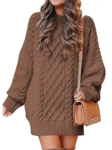 ANRABESS Women Crewneck Long Sleeve Oversized Cable Knit Chunky Pullover Short Sweater Dresses