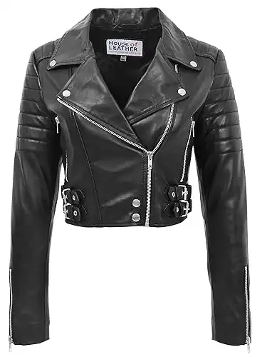 Womens Real Leather Biker Style Jacket Short Cropped Length Demi